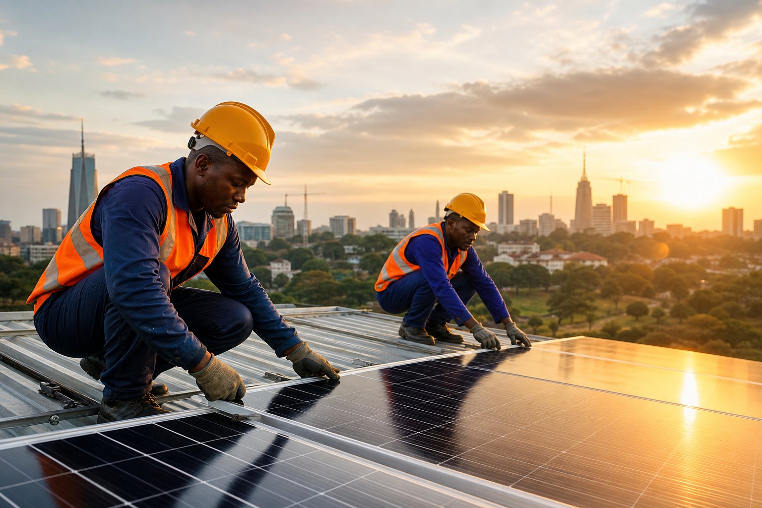 Mr Right Solar Solutions technicians installing solar panels on a Nairobi rooftop